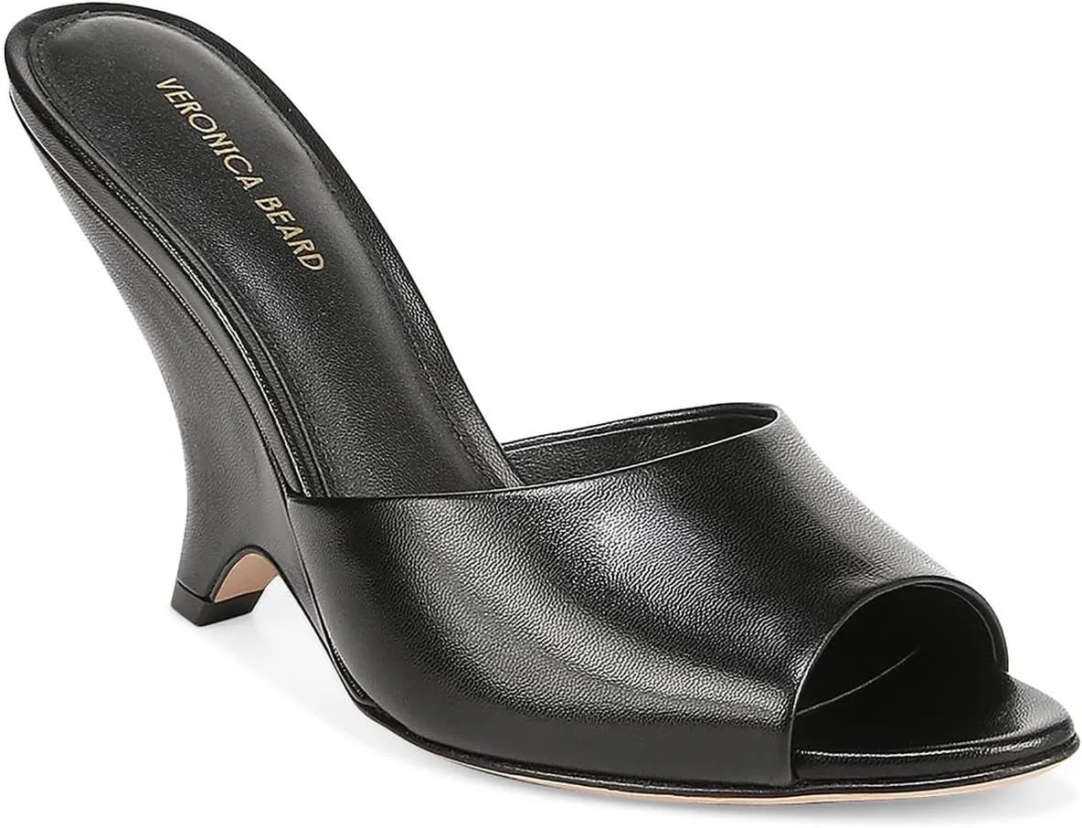 Womens Mila Leather Peep Toe Wedge Sandals Black 9 Medium (B,M)