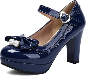 Women's Pearls Bow Platform High Heel Mary Janes Patent Leather Mirror Ruffles Grace Office Work Dress Pumps for Sweet Wedding Party Cosplay