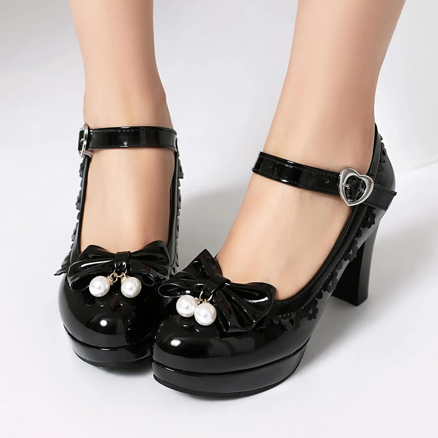 Women's Pearls Bow Platform High Heel Mary Janes Patent Leather Mirror Ruffles Grace Office Work Dress Pumps for Sweet Wedding Party Cosplay
