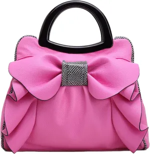 Women's PU Leather 3DLarge Bow Handbag, Simple Candy Color Ladies Shoulder Satchel Work Tote Bag (Rose Red)
