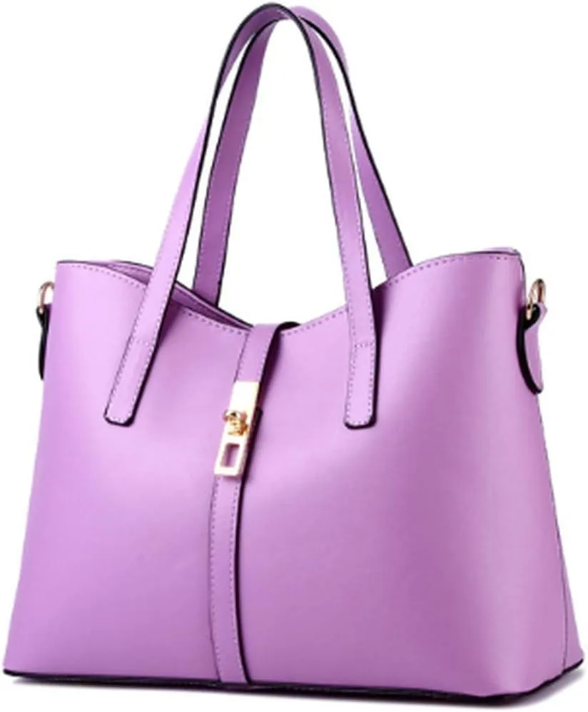 Women's PU Leather Solid Handbag Lock Bag Large Capacity Shoulder Bag Diagonal Tote