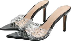 Women's Rhinestone Clear Pointed Open Toe Stiletto Heel Slide Sandals Slip-On Transparent Sexy Dress High Heels Mules Wedding Bridal Party Dress Slipper Shoes