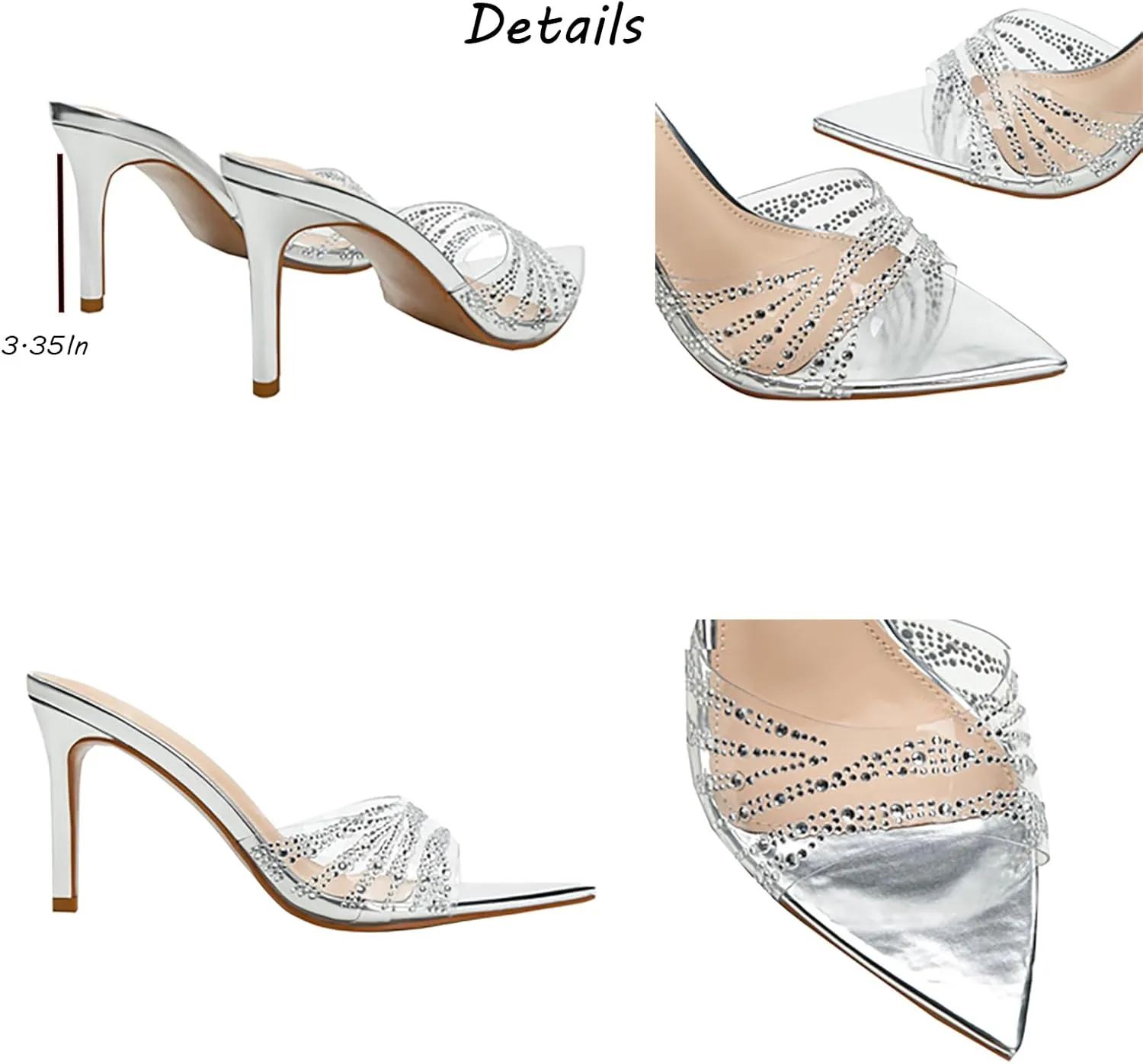 Women's Rhinestone Clear Pointed Open Toe Stiletto Heel Slide Sandals Slip-On Transparent Sexy Dress High Heels Mules Wedding Bridal Party Dress Slipper Shoes