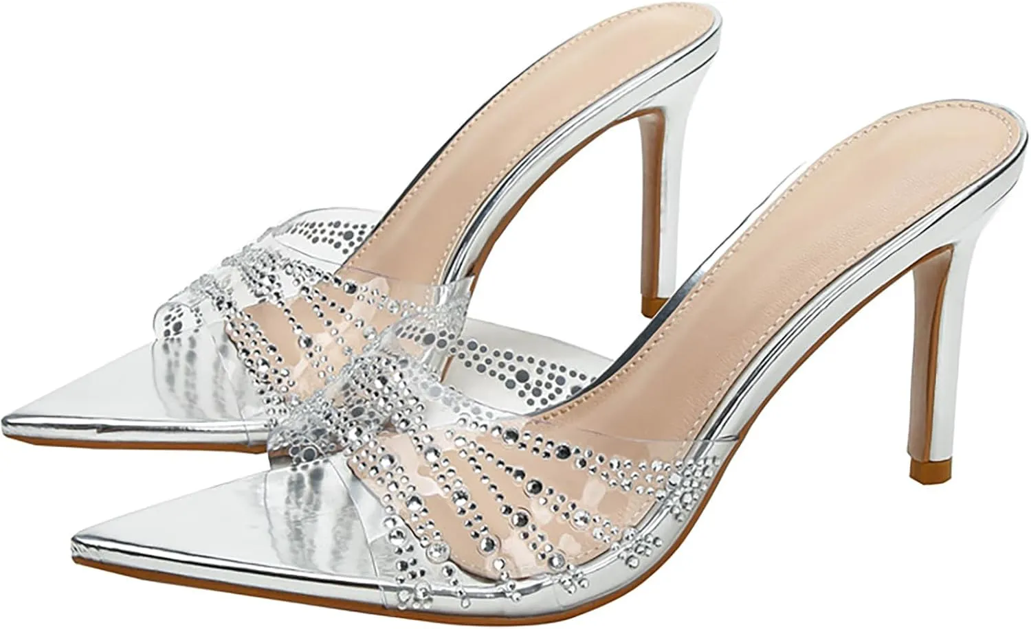 Women's Rhinestone Clear Pointed Open Toe Stiletto Heel Slide Sandals Slip-On Transparent Sexy Dress High Heels Mules Wedding Bridal Party Dress Slipper Shoes