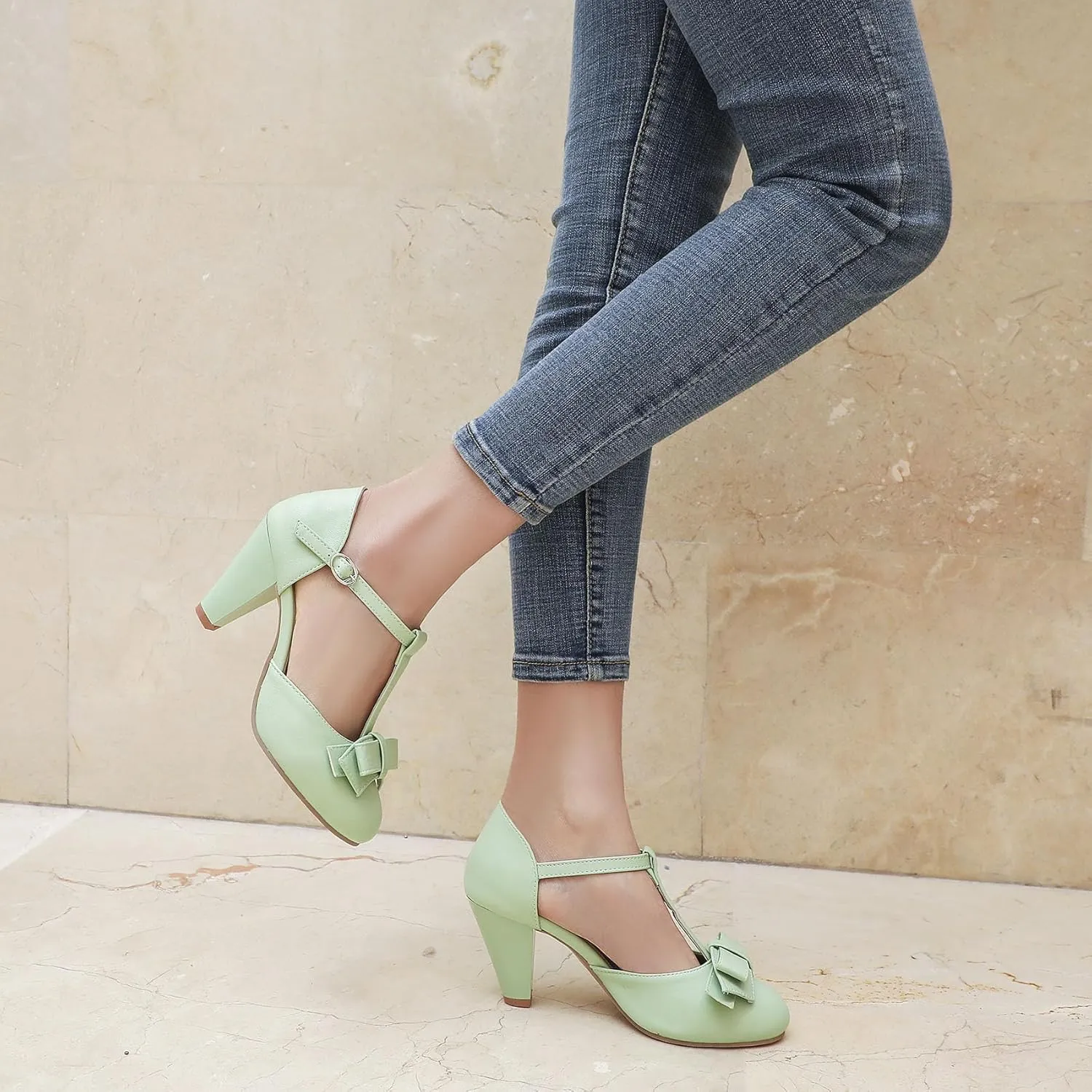 Womens Rockabilly Shoes T-Strap Mary Janes Block High Heels Closed Toe Pumps Cutout