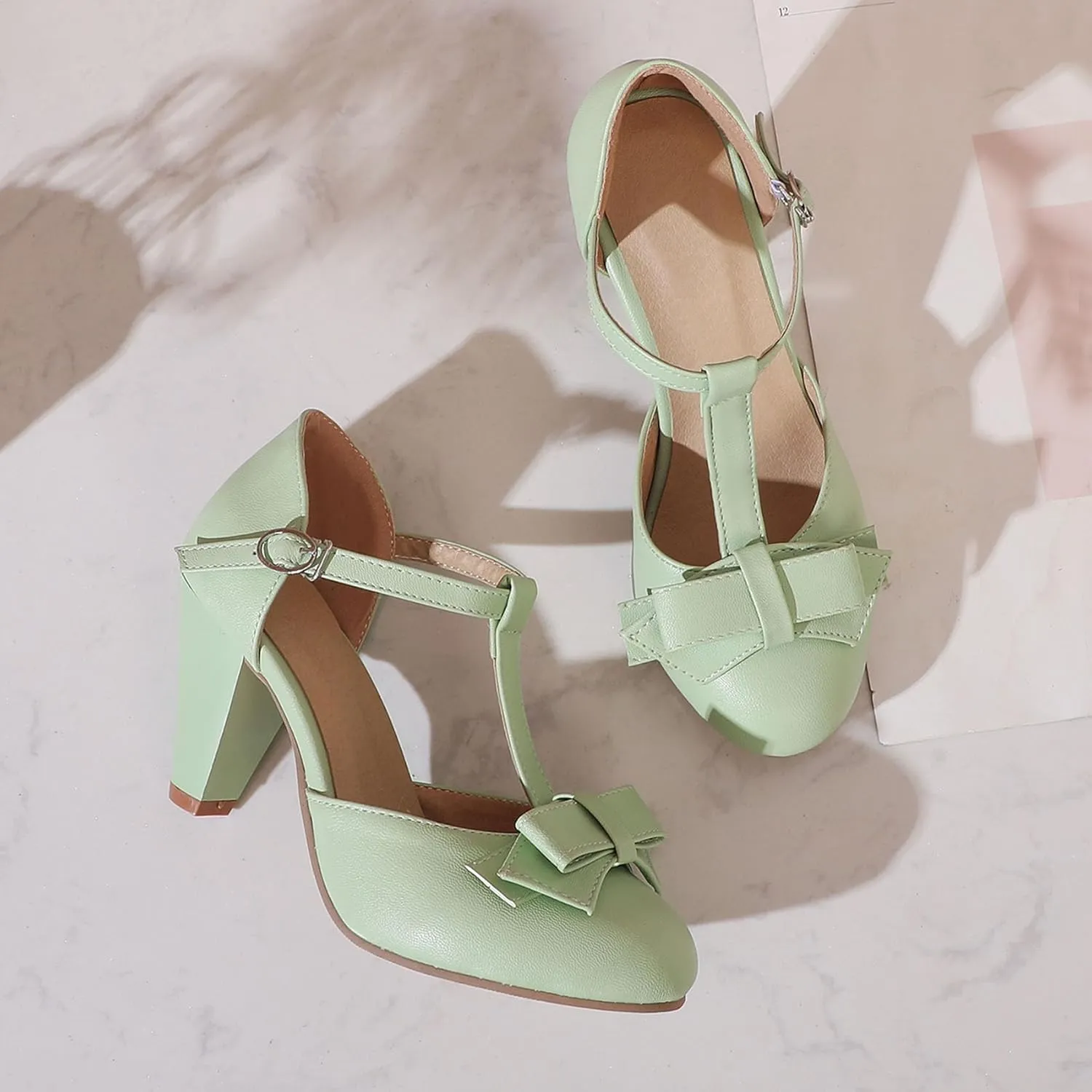 Womens Rockabilly Shoes T-Strap Mary Janes Block High Heels Closed Toe Pumps Cutout