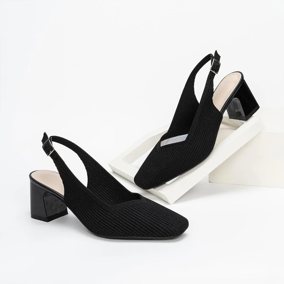 Womens Slingback Heels Square Toe Comfortable Chunky Heels Pumps Sexy Low Block Heel Wedding Dressy Work Office Shoes