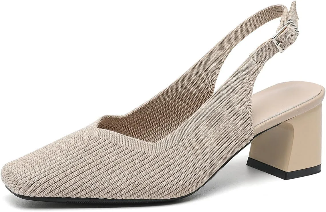 Womens Slingback Heels Square Toe Comfortable Chunky Heels Pumps Sexy Low Block Heel Wedding Dressy Work Office Shoes