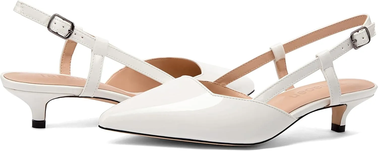 Women's Slingback Patent Leather Pointed Toe Strap Kitten Low Heel Pumps Shoes 1.5 Inch