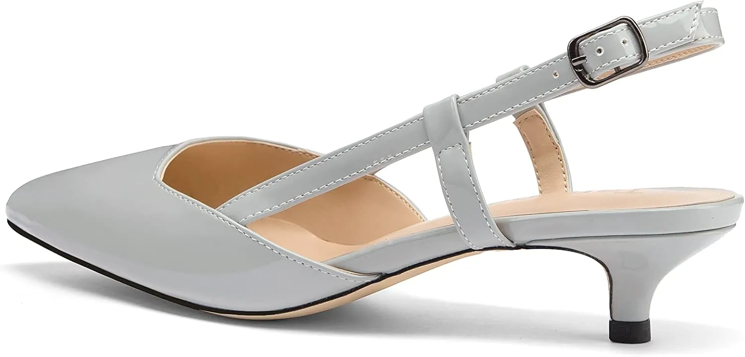 Women's Slingback Patent Leather Pointed Toe Strap Kitten Low Heel Pumps Shoes 1.5 Inch