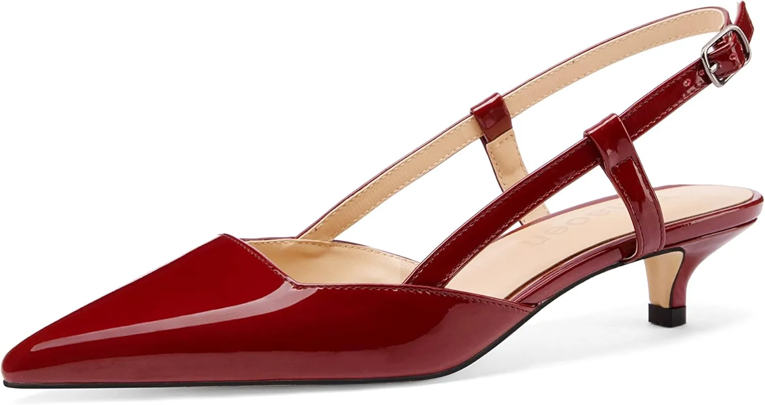Women's Slingback Patent Leather Pointed Toe Strap Kitten Low Heel Pumps Shoes 1.5 Inch