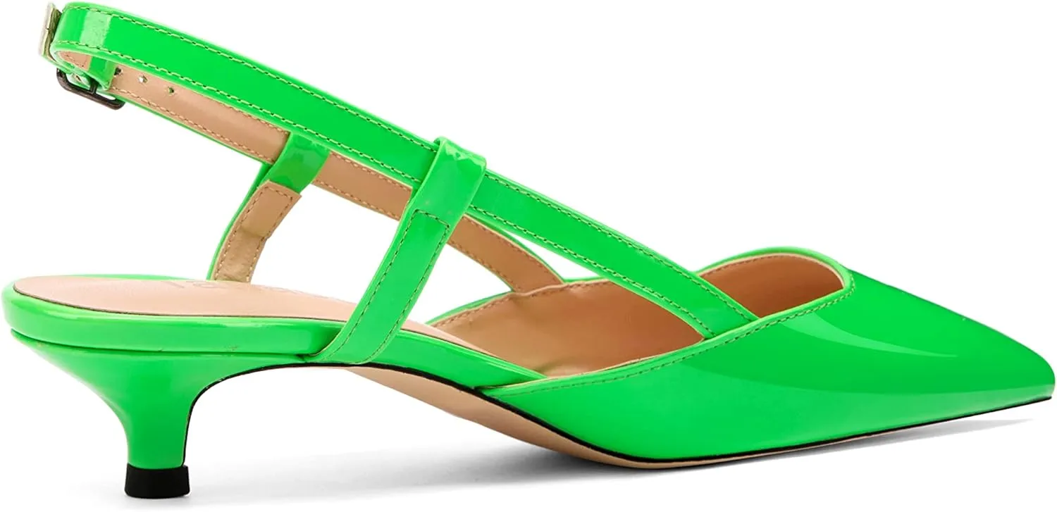 Women's Slingback Patent Leather Pointed Toe Strap Kitten Low Heel Pumps Shoes 1.5 Inch