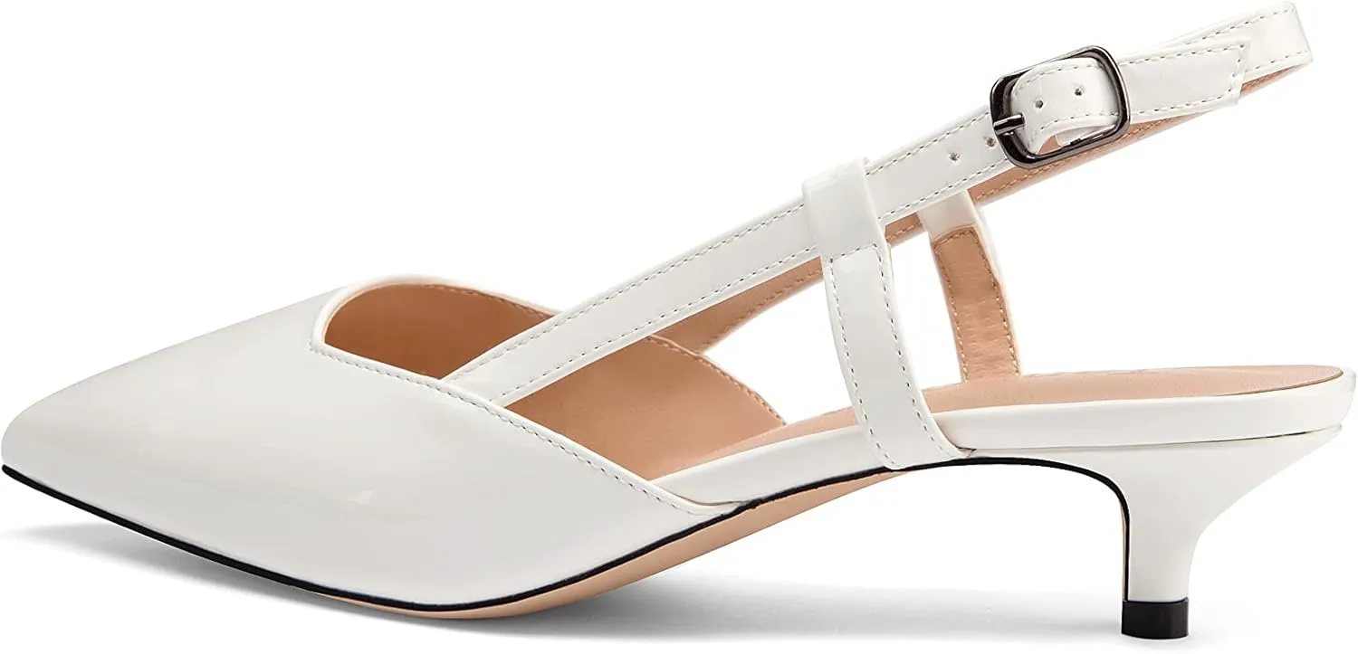 Women's Slingback Patent Leather Pointed Toe Strap Kitten Low Heel Pumps Shoes 1.5 Inch