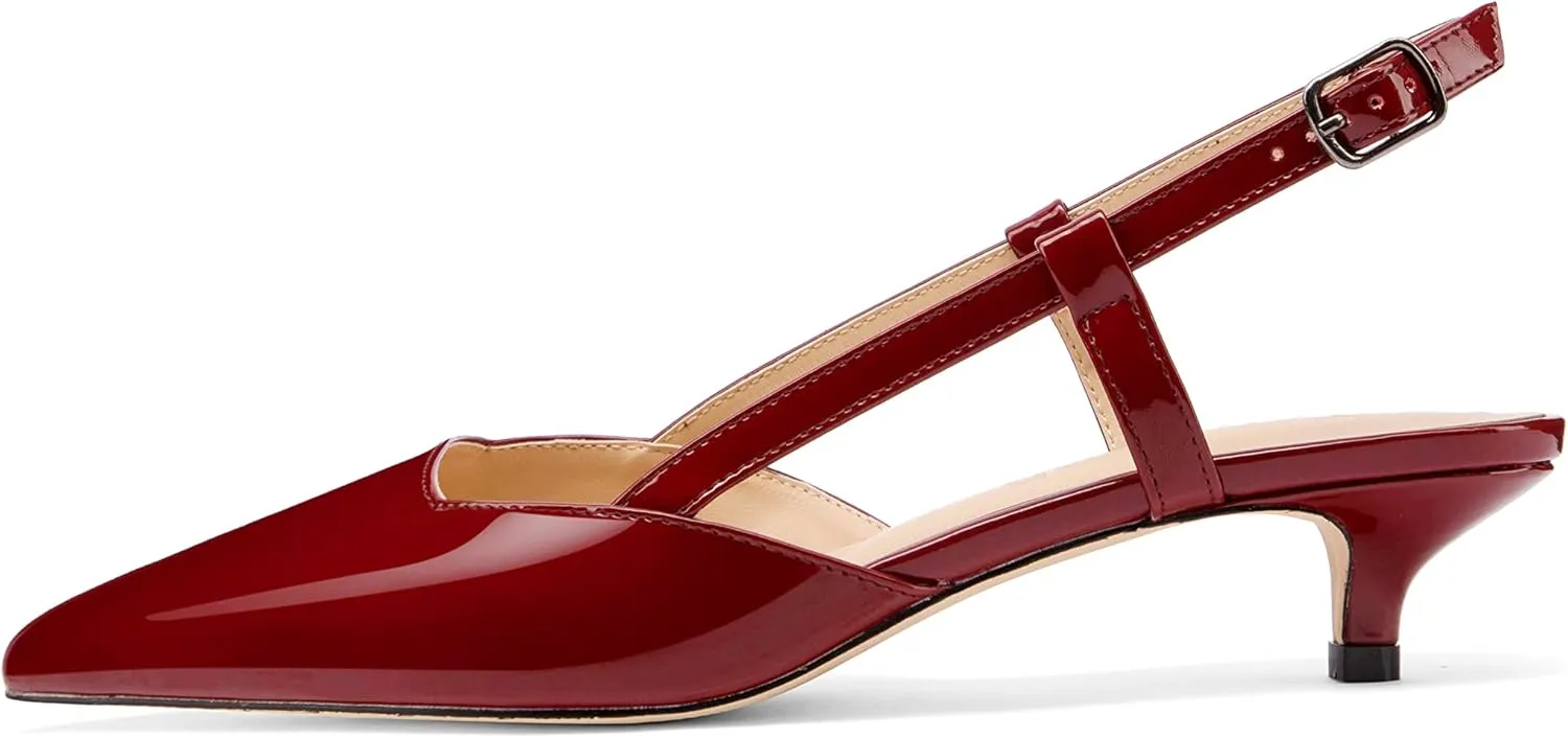 Women's Slingback Patent Leather Pointed Toe Strap Kitten Low Heel Pumps Shoes 1.5 Inch