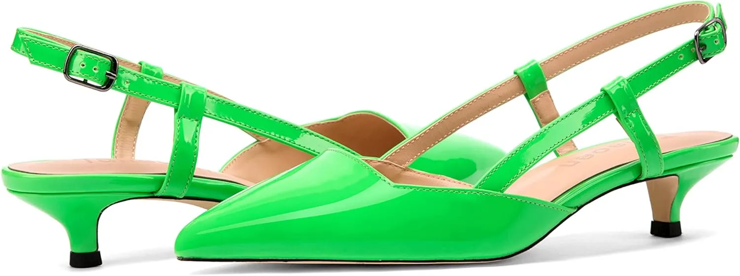 Women's Slingback Patent Leather Pointed Toe Strap Kitten Low Heel Pumps Shoes 1.5 Inch