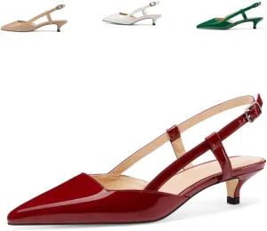 Women's Slingback Patent Leather Pointed Toe Strap Kitten Low Heel Pumps Shoes 1.5 Inch