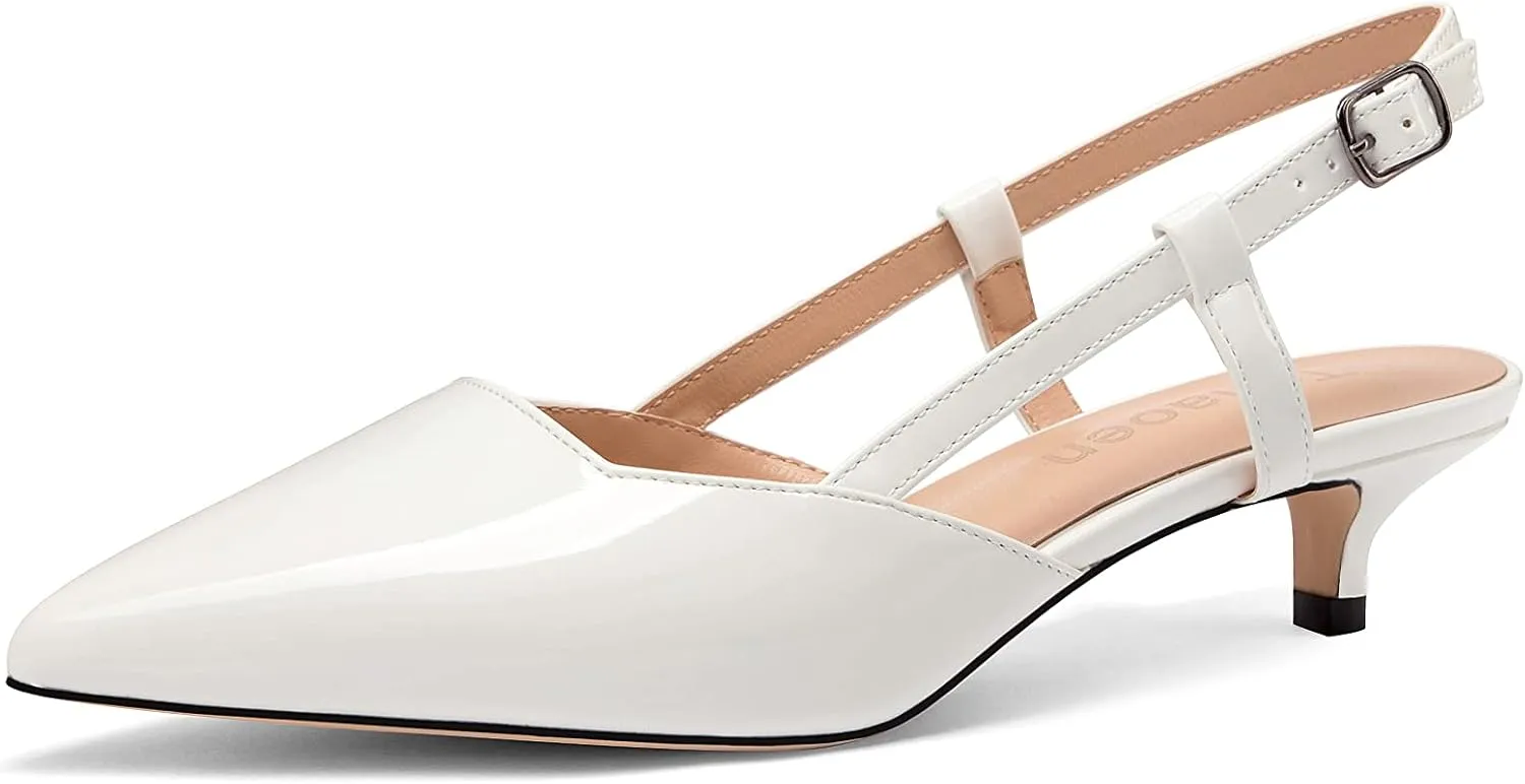 Women's Slingback Patent Leather Pointed Toe Strap Kitten Low Heel Pumps Shoes 1.5 Inch