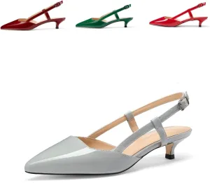 Women's Slingback Patent Leather Pointed Toe Strap Kitten Low Heel Pumps Shoes 1.5 Inch