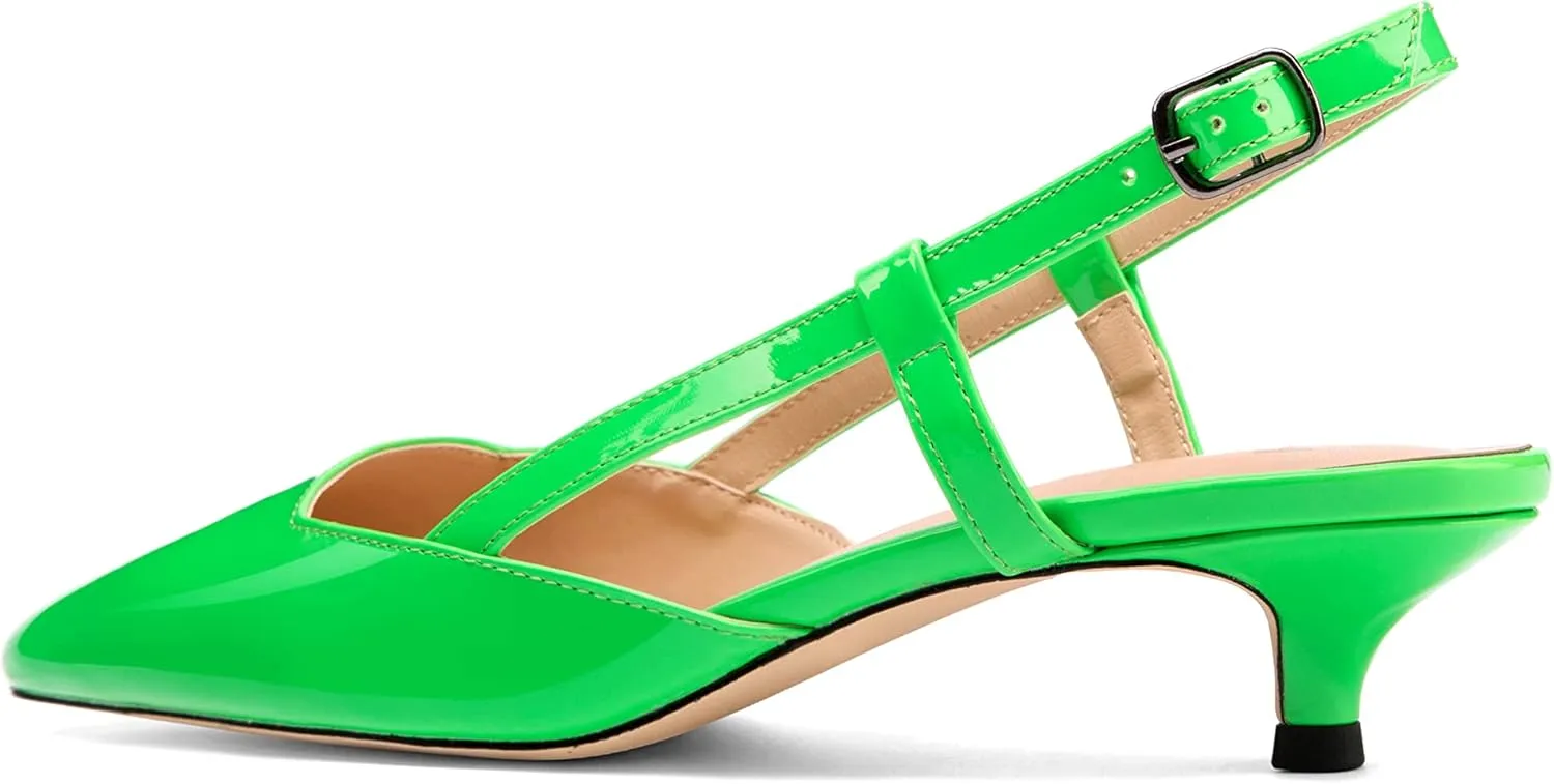 Women's Slingback Patent Leather Pointed Toe Strap Kitten Low Heel Pumps Shoes 1.5 Inch