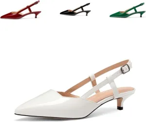 Women's Slingback Patent Leather Pointed Toe Strap Kitten Low Heel Pumps Shoes 1.5 Inch