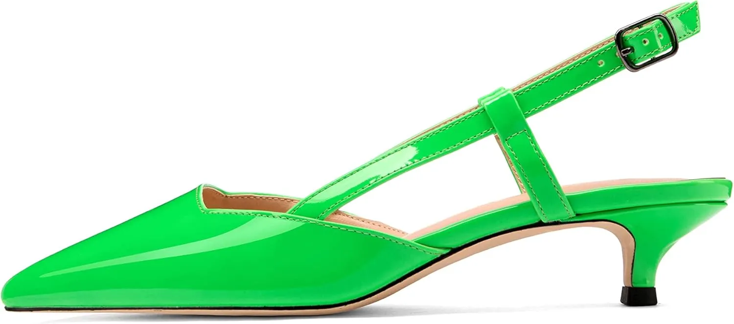 Women's Slingback Patent Leather Pointed Toe Strap Kitten Low Heel Pumps Shoes 1.5 Inch