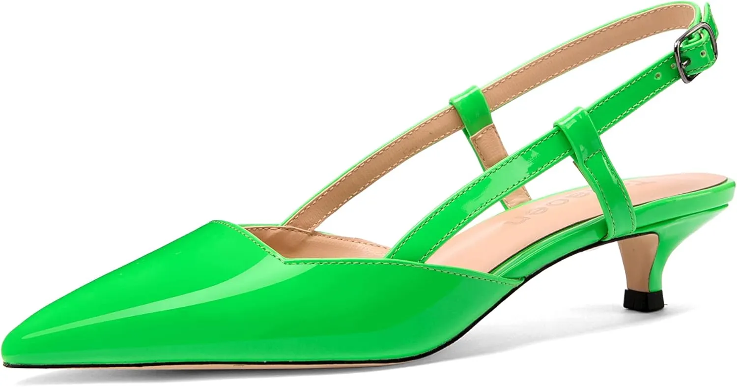 Women's Slingback Patent Leather Pointed Toe Strap Kitten Low Heel Pumps Shoes 1.5 Inch