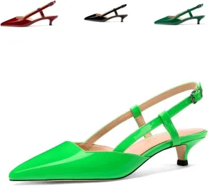 Women's Slingback Patent Leather Pointed Toe Strap Kitten Low Heel Pumps Shoes 1.5 Inch