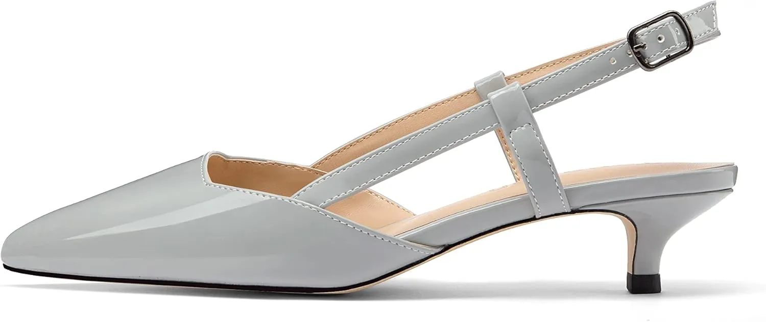 Women's Slingback Patent Leather Pointed Toe Strap Kitten Low Heel Pumps Shoes 1.5 Inch