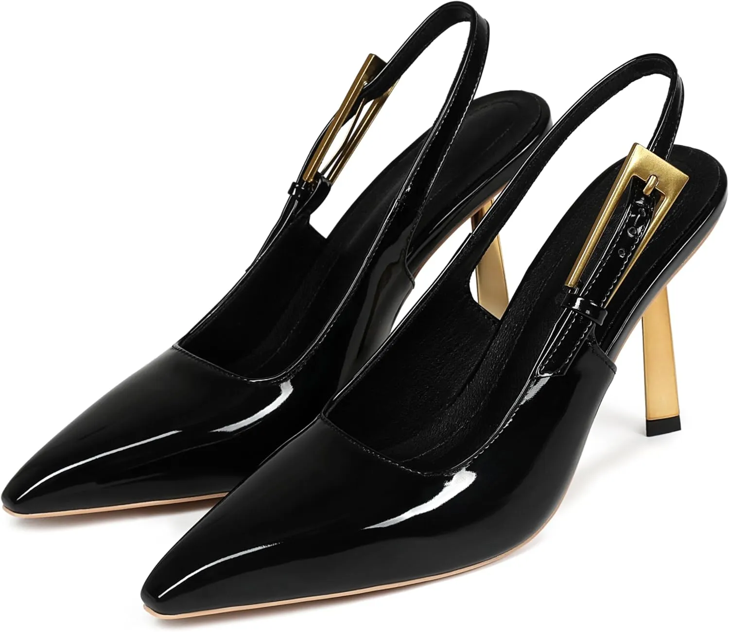 Women's Slingback Stiletto High Heels Square Toe with Metal Buckle Strap Slip On Pumps Backless Patent Leather Fashion Dress Shoes Wedding Party