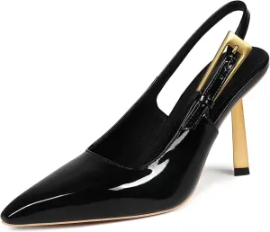 Women's Slingback Stiletto High Heels Square Toe with Metal Buckle Strap Slip On Pumps Backless Patent Leather Fashion Dress Shoes Wedding Party