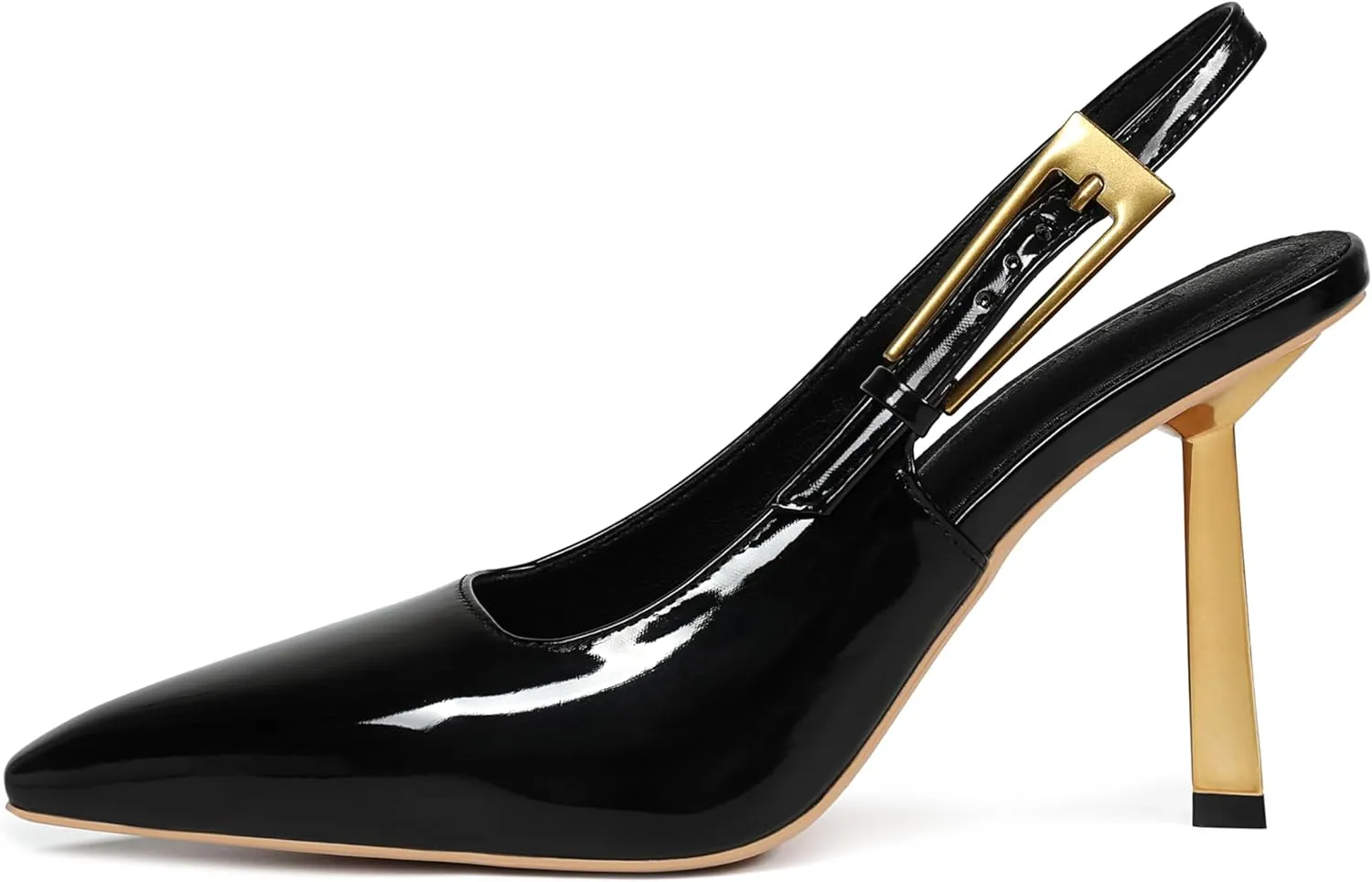 Women's Slingback Stiletto High Heels Square Toe with Metal Buckle Strap Slip On Pumps Backless Patent Leather Fashion Dress Shoes Wedding Party