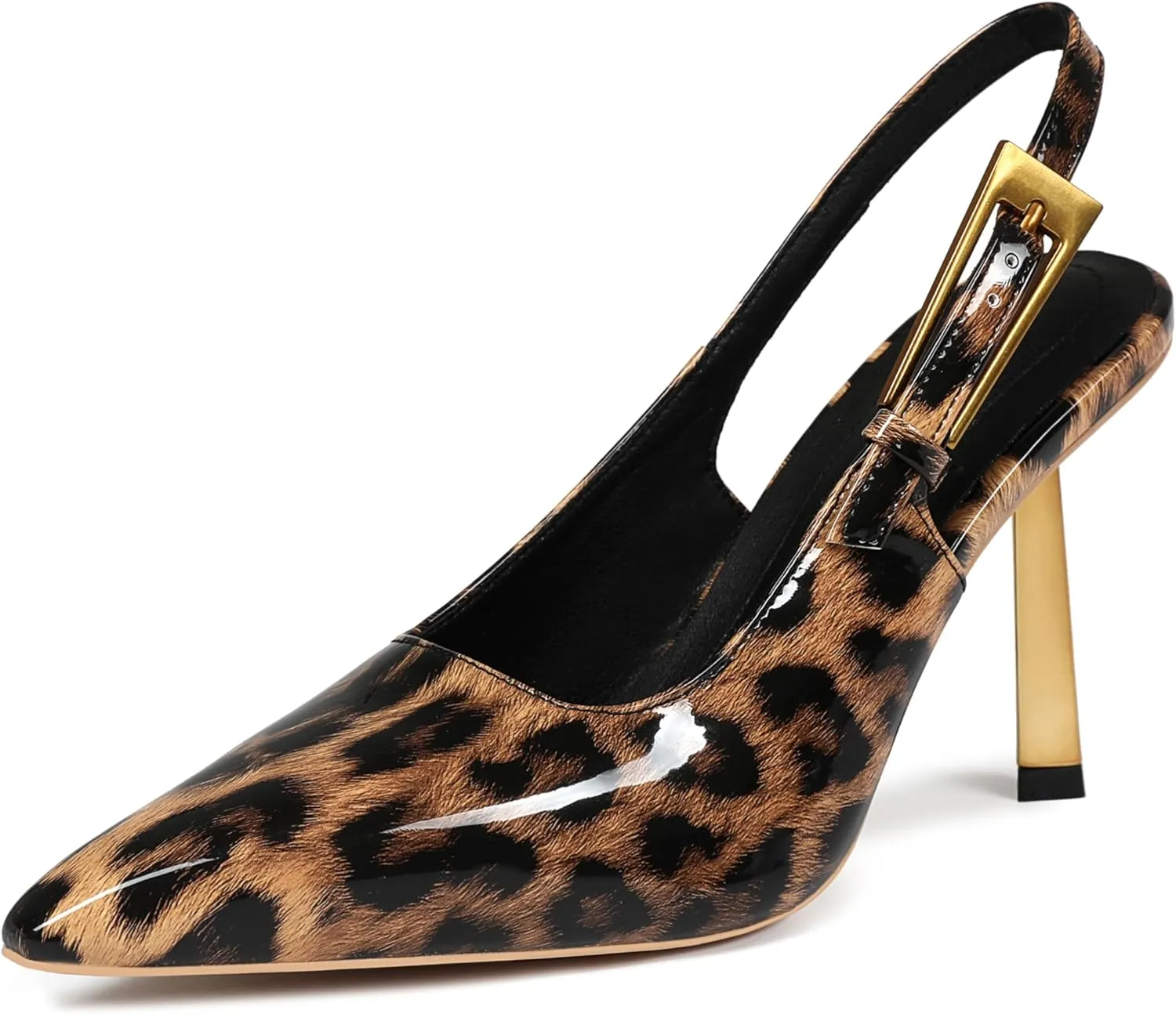 Women's Slingback Stiletto High Heels Square Toe with Metal Buckle Strap Slip On Pumps Backless Patent Leather Fashion Dress Shoes Wedding Party