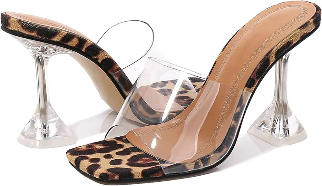 Women's Slippers Clear High Heel Slide Sandals Transparent Square Toe Peep Toe Stiletto Wedding Party Dress Shoes