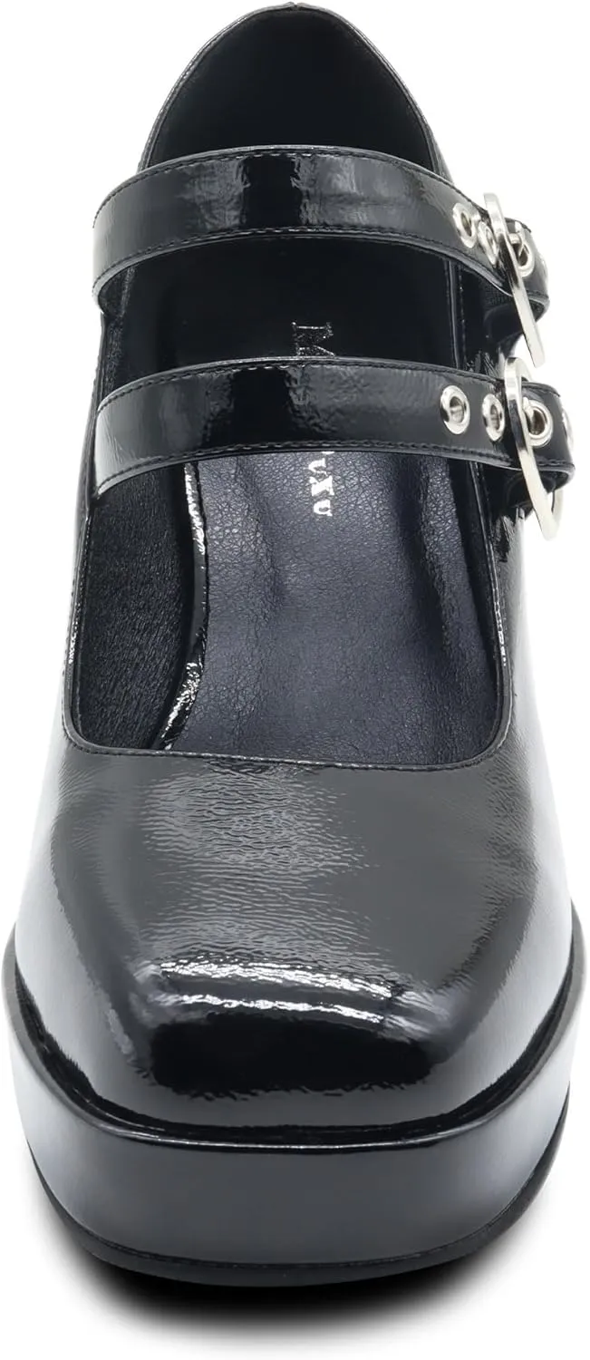 Women's Square Closed Toe Platform Chunky Strappy Block Heels Goth Mary Janes Shoes