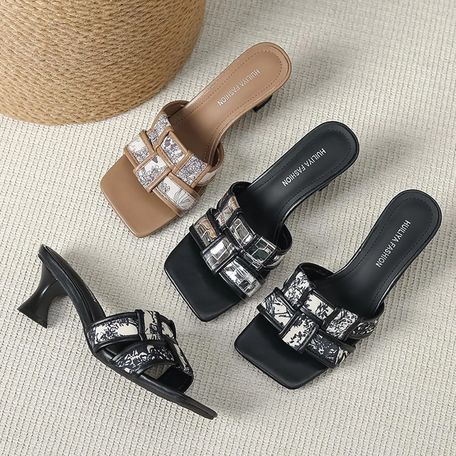 Women's Square Open Toe Leather Braid Kitten Heel Sandals Comfort Low Heel Sexy Dress Pumps Slide Sandals Evening Party Prom Dance Shoes