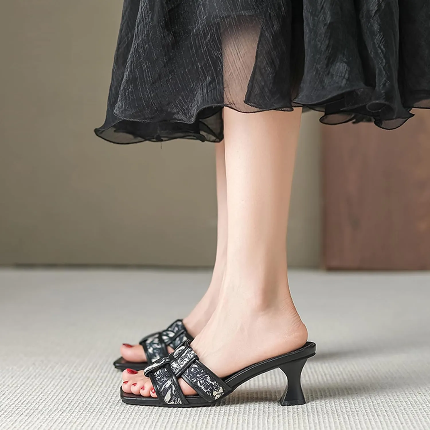 Women's Square Open Toe Leather Braid Kitten Heel Sandals Comfort Low Heel Sexy Dress Pumps Slide Sandals Evening Party Prom Dance Shoes