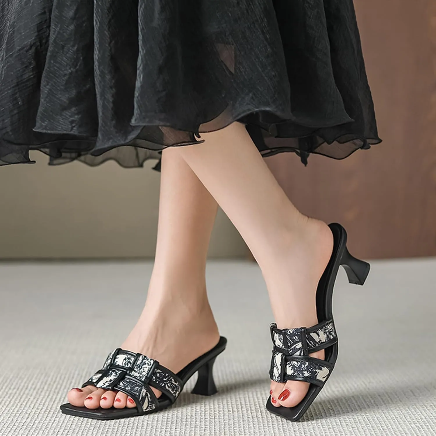 Women's Square Open Toe Leather Braid Kitten Heel Sandals Comfort Low Heel Sexy Dress Pumps Slide Sandals Evening Party Prom Dance Shoes