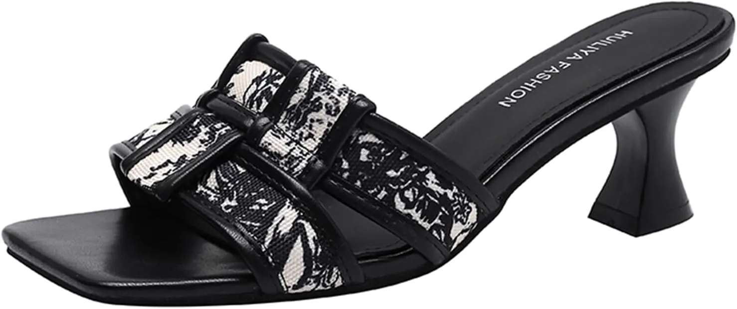 Women's Square Open Toe Leather Braid Kitten Heel Sandals Comfort Low Heel Sexy Dress Pumps Slide Sandals Evening Party Prom Dance Shoes