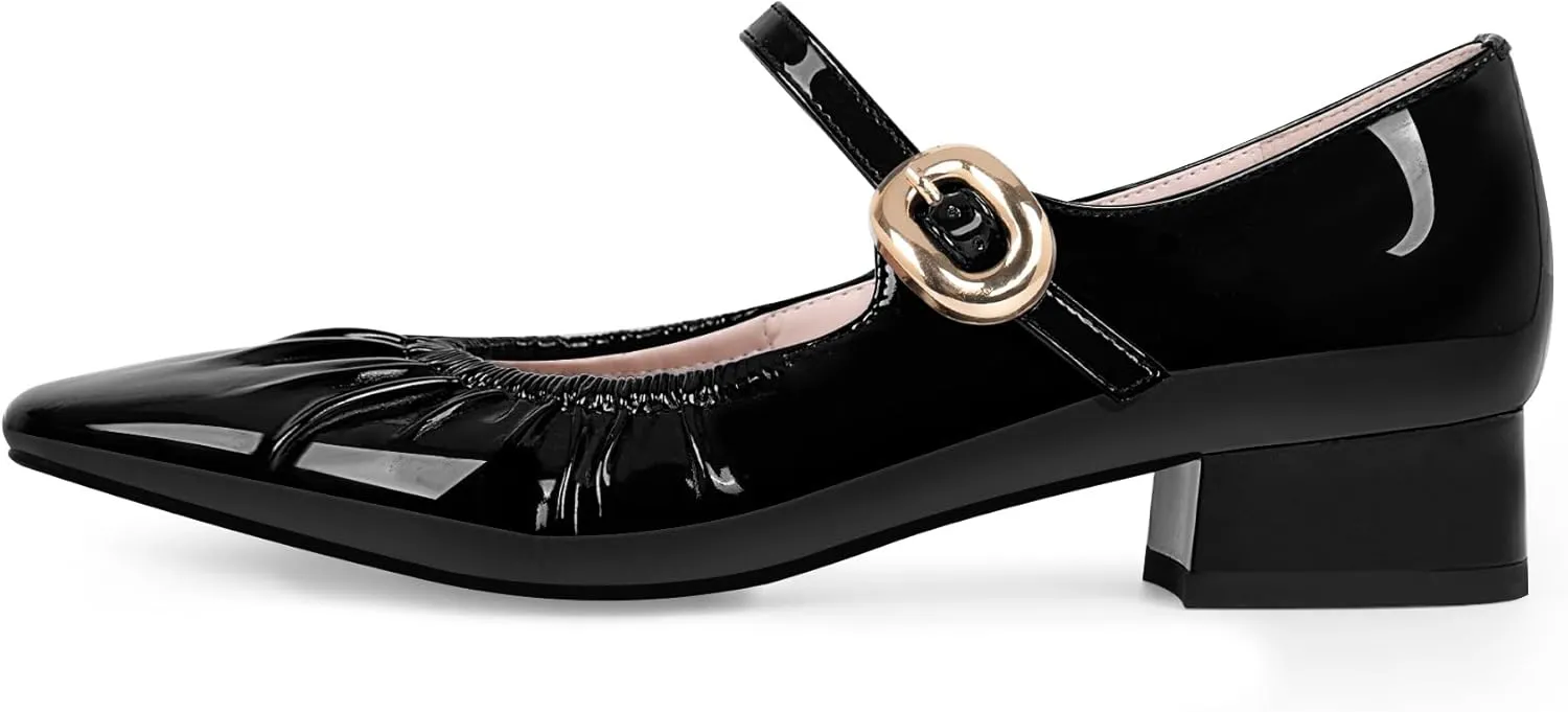 Women's Square Toe Chunky Heel Buckle Strap Mary Janes Pumps Patent Leather Dress Shoes
