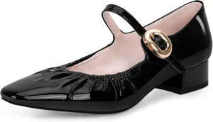 Women's Square Toe Chunky Heel Buckle Strap Mary Janes Pumps Patent Leather Dress Shoes