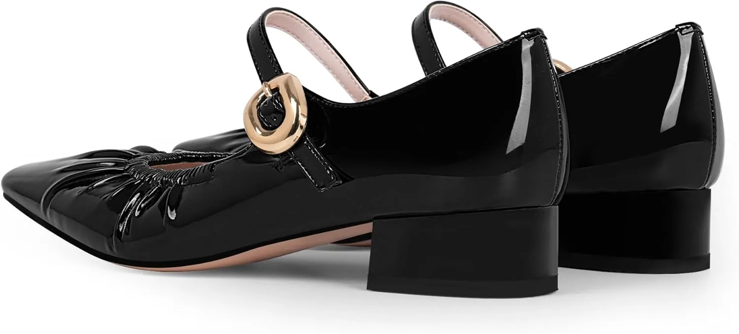Women's Square Toe Chunky Heel Buckle Strap Mary Janes Pumps Patent Leather Dress Shoes