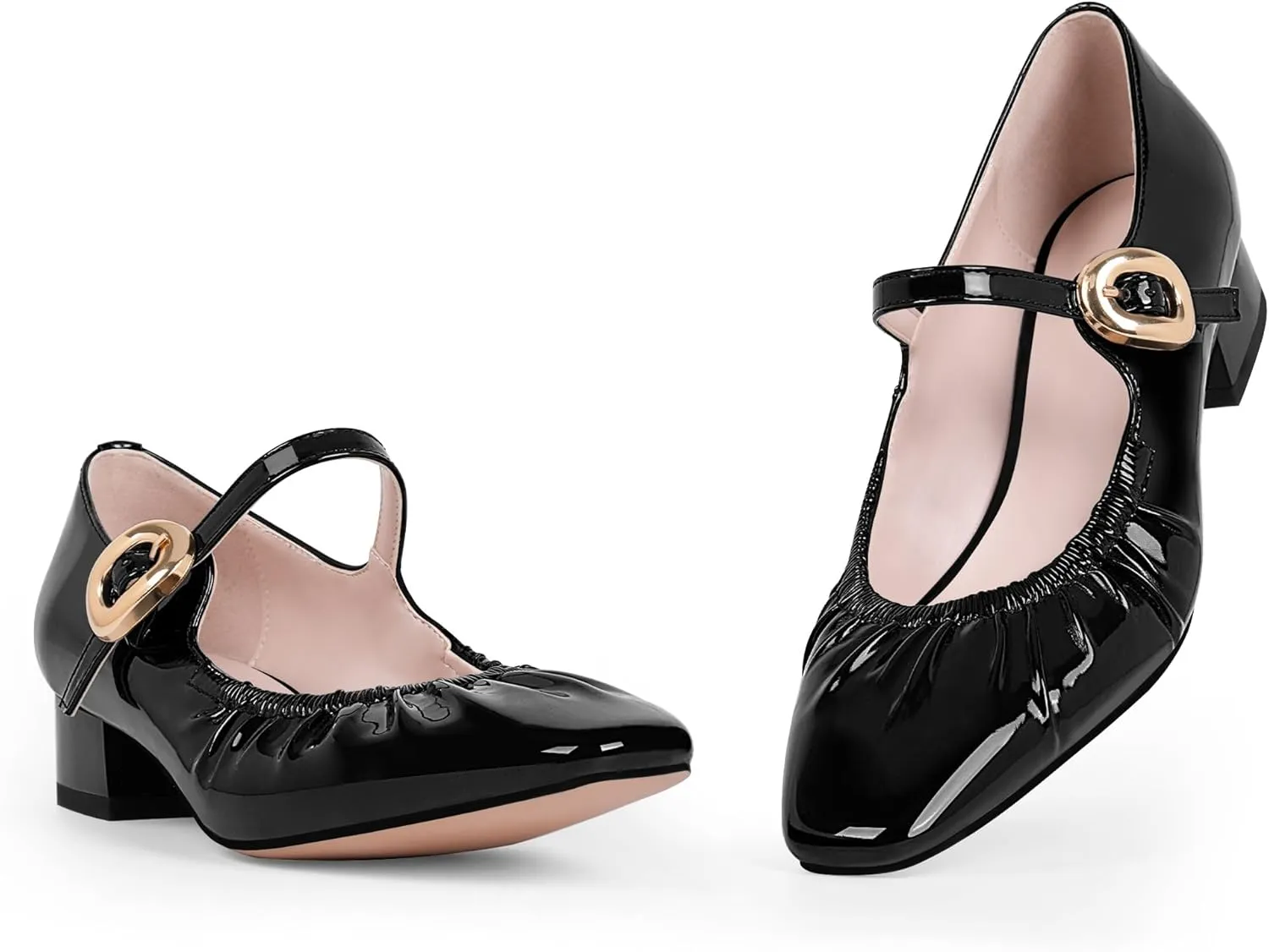 Women's Square Toe Chunky Heel Buckle Strap Mary Janes Pumps Patent Leather Dress Shoes
