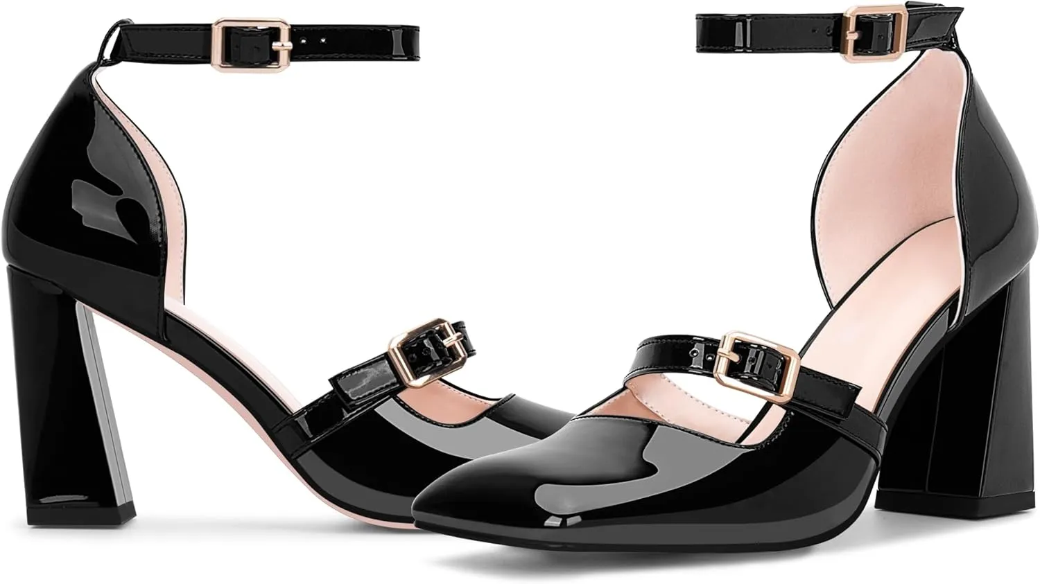 Women's Square Toe Chunky High Heel Mary Jane Pumps Ankle Strap Dress Shoes