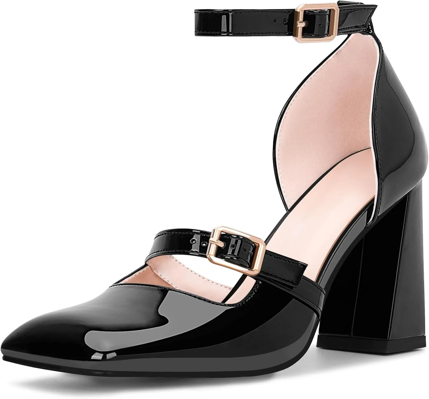 Women's Square Toe Chunky High Heel Mary Jane Pumps Ankle Strap Dress Shoes
