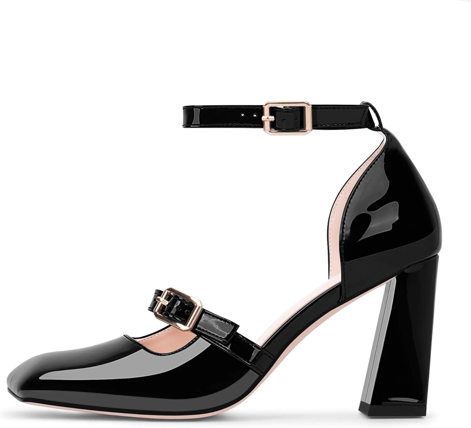 Women's Square Toe Chunky High Heel Mary Jane Pumps Ankle Strap Dress Shoes