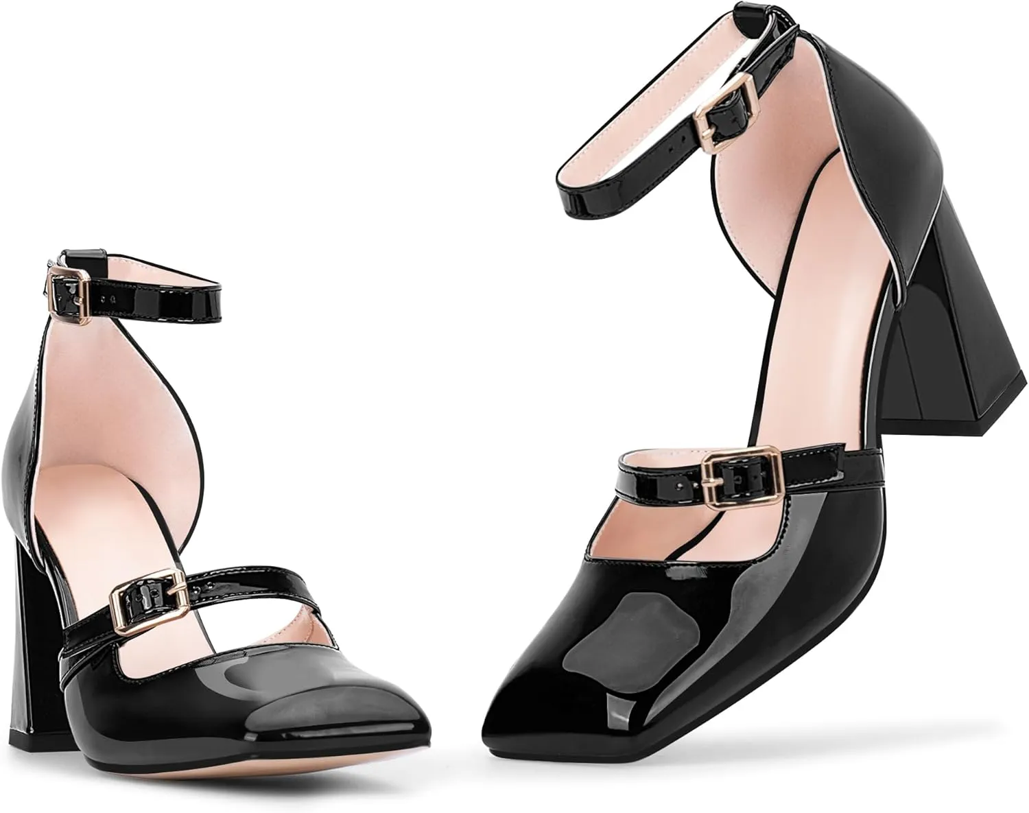 Women's Square Toe Chunky High Heel Mary Jane Pumps Ankle Strap Dress Shoes
