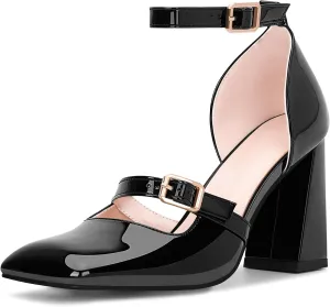 Women's Square Toe Chunky High Heel Mary Jane Pumps Ankle Strap Dress Shoes