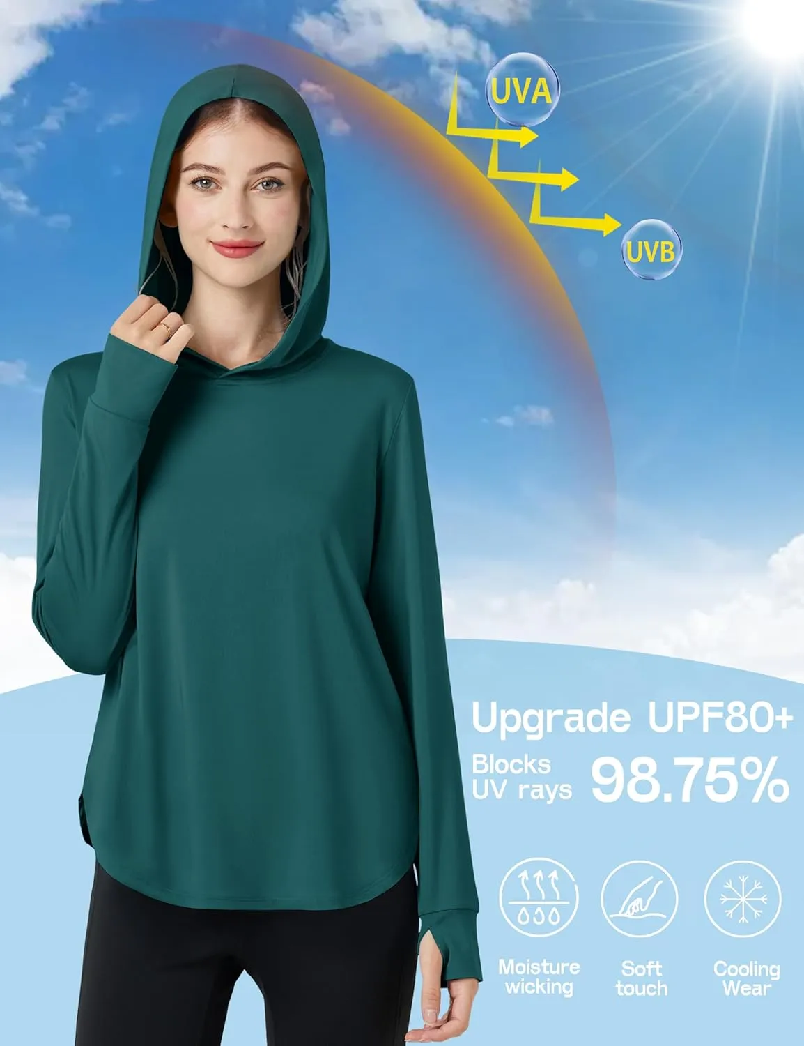 Womens Sun Protection Hoodies UPF 80  UV Shirts Long Sleeve Lightweight Hiking Fishing Workout Tops