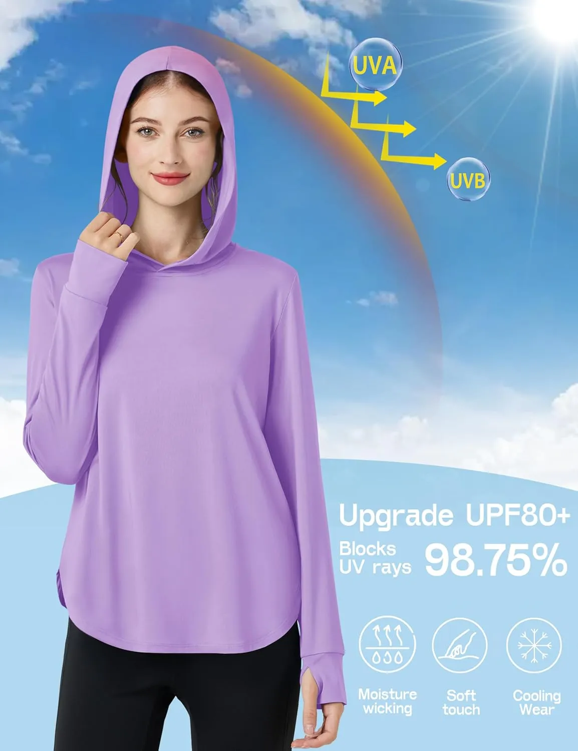 Womens Sun Protection Hoodies UPF 80  UV Shirts Long Sleeve Lightweight Hiking Fishing Workout Tops
