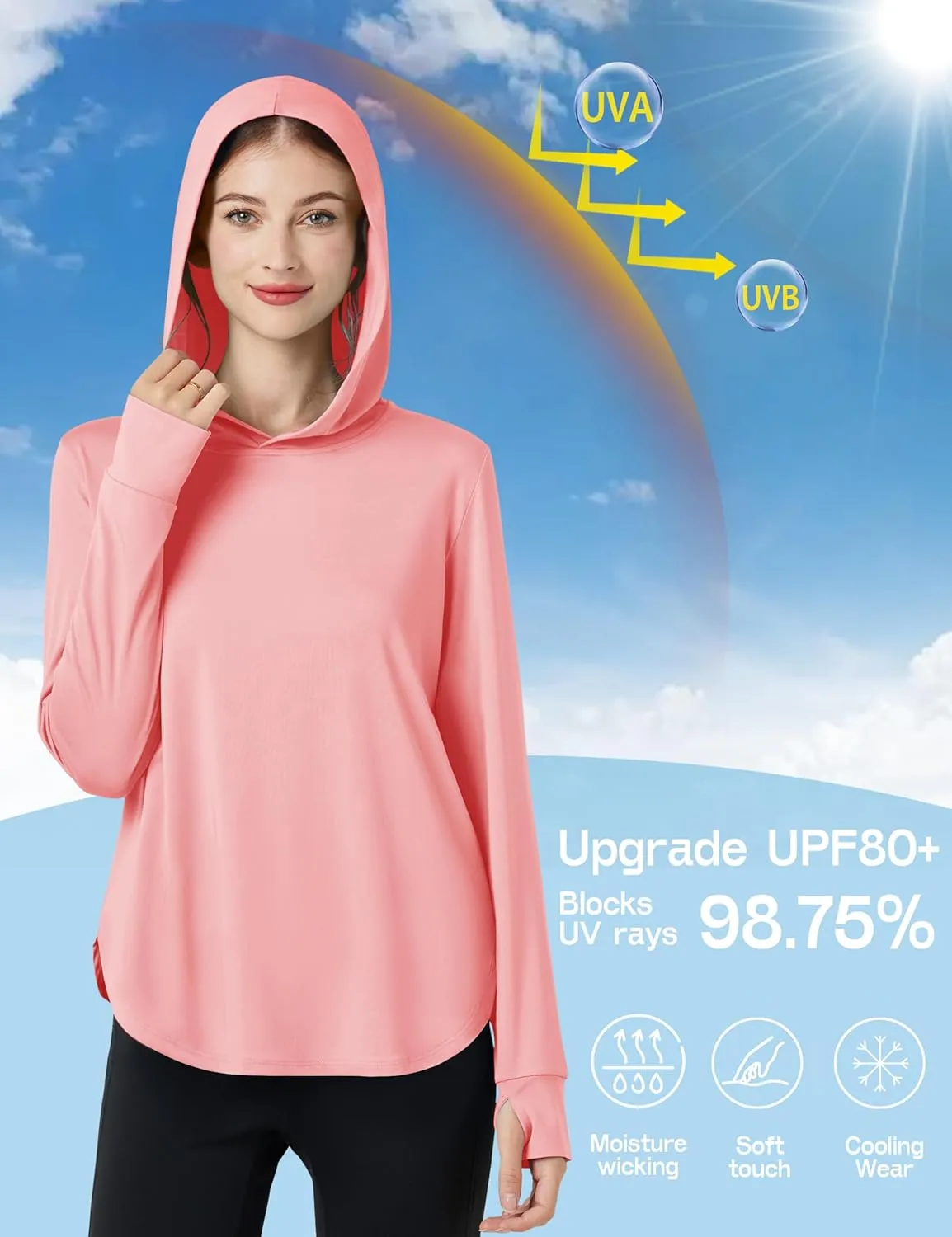 Womens Sun Protection Hoodies UPF 80  UV Shirts Long Sleeve Lightweight Hiking Fishing Workout Tops